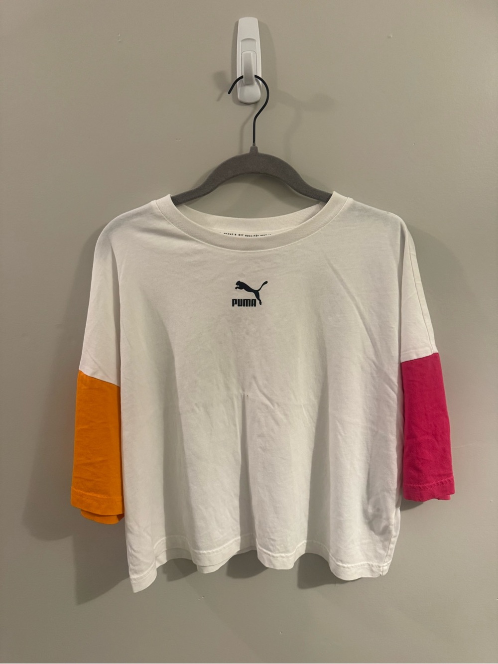 Puma White Cropped Tee with Orange & Pink Sleeve Panels